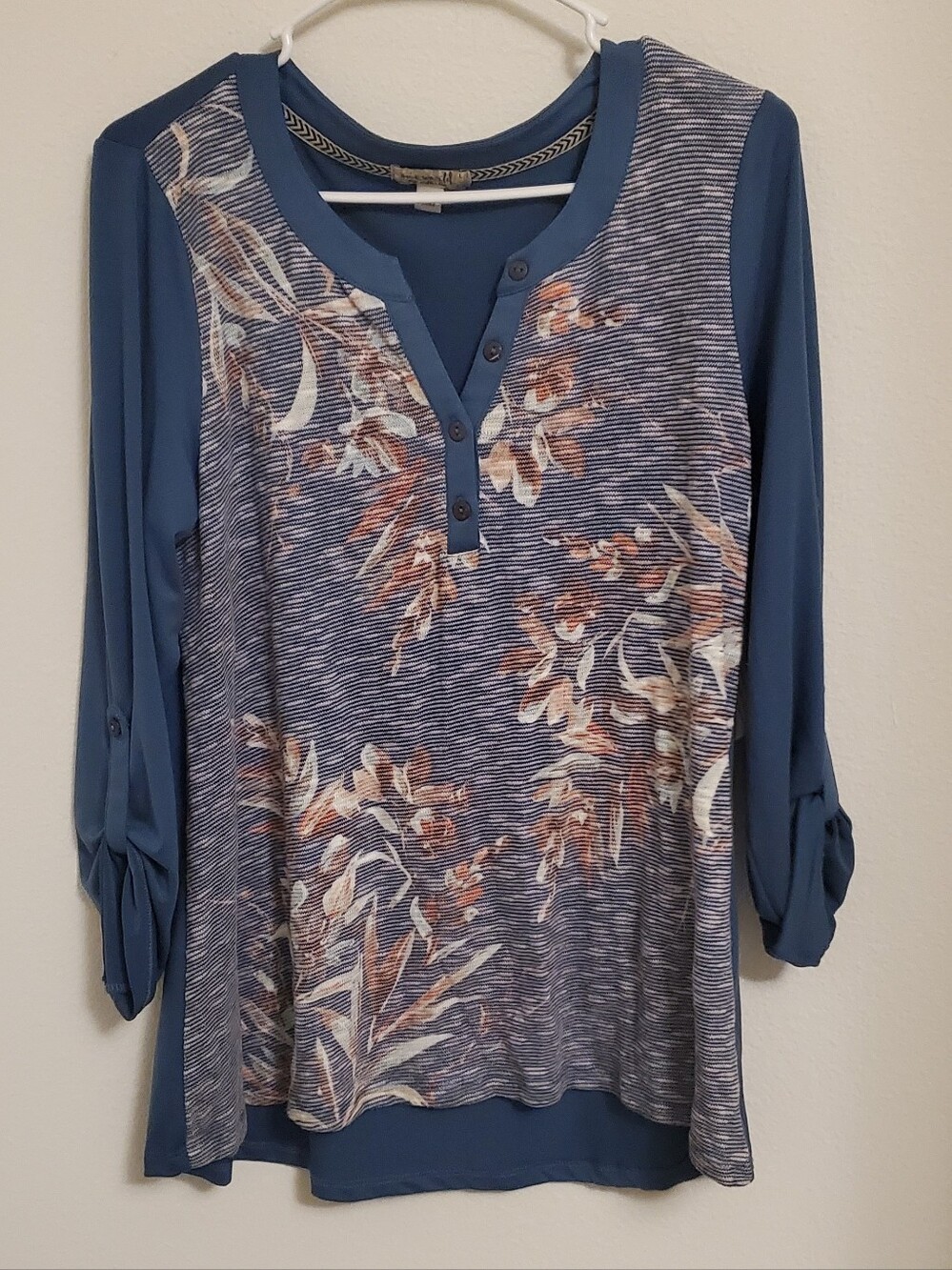 ONE WORLD Blue Floral Henley Long Sleeve Top Roll Tab Soft NWT